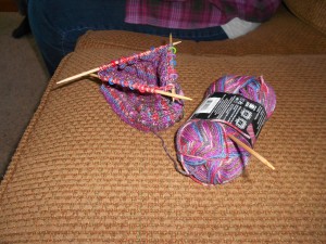 Sock yarn with #3 needles and lots of markers.