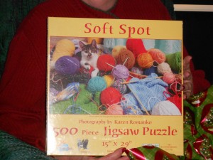 I think she got to keep this knitting themed jigsaw puzzle.